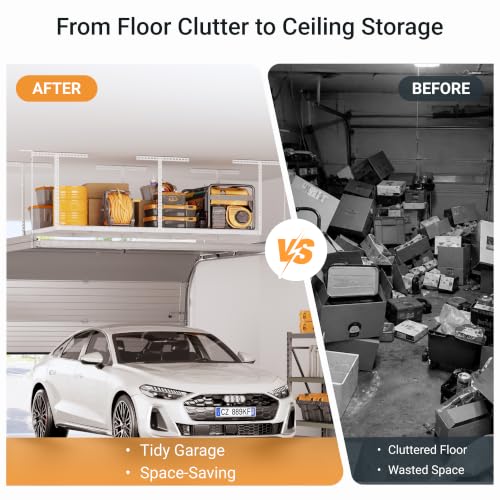 4x8ft Overhead Ceiling Garage Storage Rack, 750LBS Capacity, White - view 5