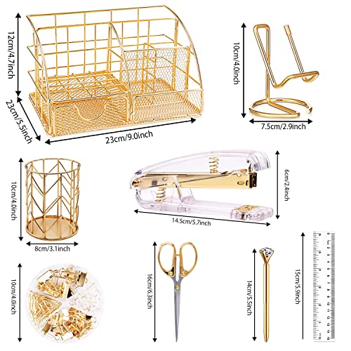 Gold Desk Organizers and Accessories Office Supplies Set Stapler, Pen Holder, Phone Holder, Scissors, Pen, Ruler, 30 Paper Clips, 22 Binder Clip, 20 Tacks and 1000pcs Staples (Gold) - view 2