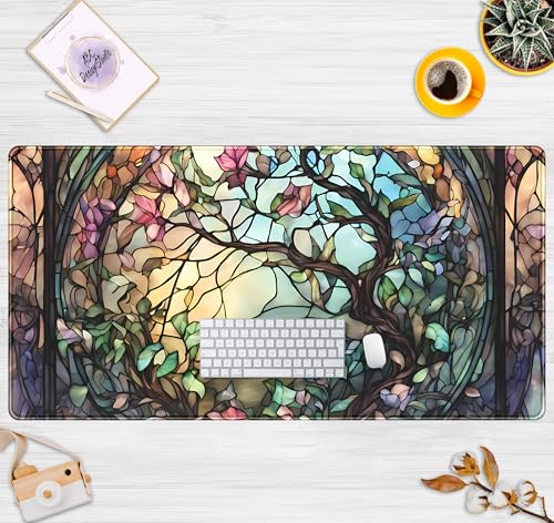 Stained Glass Tree Desk Mat Cartoon Tree Gaming Mouse Pad Large XXL Extended Desk Matt for Desktop, Laptop Computer Keyboard Mouse Mat for Women Office Decor Accessories Deskmat 31.5''x15.7'' - view 2