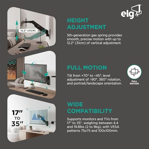 Gas Spring Monitor Wall Mount, Full Motion 17-35" Screens up to 19.8 lbs, 15" Extension from Wall, 360° Rotation, -45°/+90° Tilt, Cable Organizer, VESA 75x75 to 100x100mm, Black - view 3