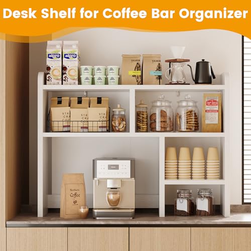 Desk Shelf, Desktop Hutch with 6 Storage Areas, Desktop Organizer Shelf with 27" Large Monitor Compartment, Multipurpose Wood Desktop Display Rack for Computer Desk, Dorm, Office, Home (White) - view 6