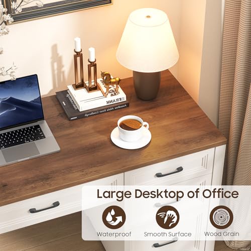 Farmhouse Executive Desk, Wood Home Office Desk with 2 Large File Drawers and 5 Storage Cabinets, Rustic Writing Desk for Work and Study, Brown - view 7