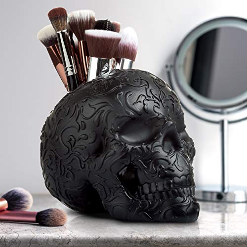 Skull Makeup Brush Holder, Pen Holder, Vanity, Desk, Office Organizer, Stationary, Decor planter, Candy Bowl, Goth Decorations, Bathroom organizer, Black - view 2