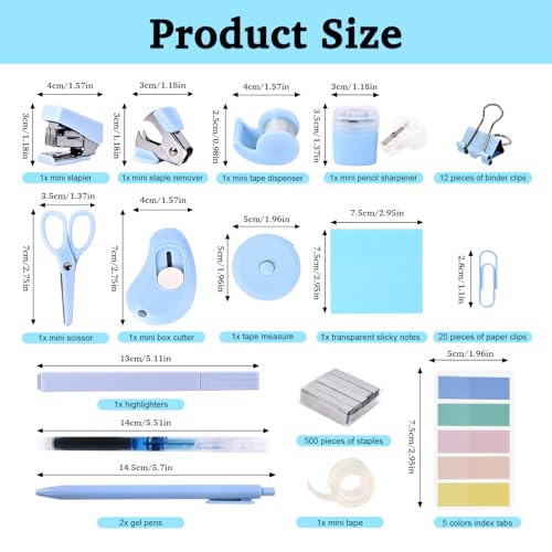 Mini Office Supply Kit, Blue Stapler with Staples and Tape Dispenser Set, Mini Stationary Kit Includes Sticky Notes Index Tabs Highlighters Gel Pens for Office & School (Blue) - view 2