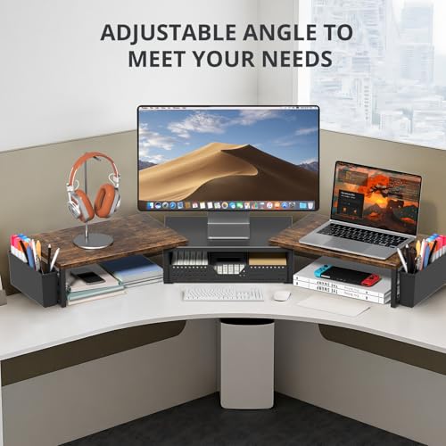 Desk Organizers and Accessories, Dual Monitor Stand Riser with Drawer and 2 Pen Holders, Desk Shelf Computer Racks & Printer Stand for Office Workspace Organizers, Desktop Organization (Rustic Brown) - view 4
