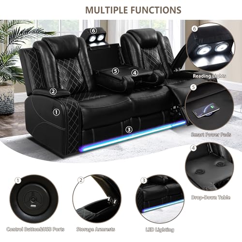 Power Recliner Sofa Set, Breathing Leather Reclining Couch Set, 3 Piece Living Room Furniture Set with LED Lights/Charging Ports/Storage for Home/Office (Black, Sofa+Loveseat+Chair) - view 5