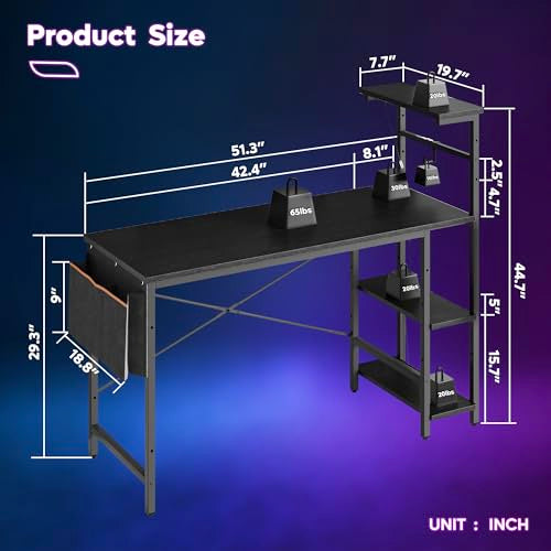 Gaming Desk with LED Lights, 51.3 Inch Computer Desk with 4 Tiers Reversible Shelves, Home Office Writing Desk with Side Storage Bag, Hooks and Height Adjustable Shelf (Black Grained) - view 2