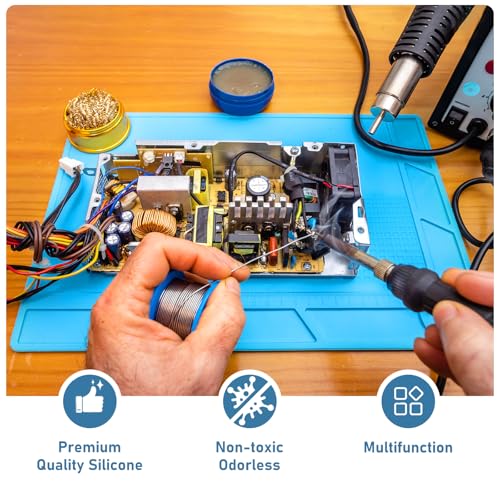 Heat Resistant Soldering Mat - Blue Magnetic Silicone Work Mat with Scale Ruler and Screw Position, Silicone Soldering Repair Mat for Soldering, Phone, Laptop, Tablet, Watch Repair(13.8''×9.8'') - view 5