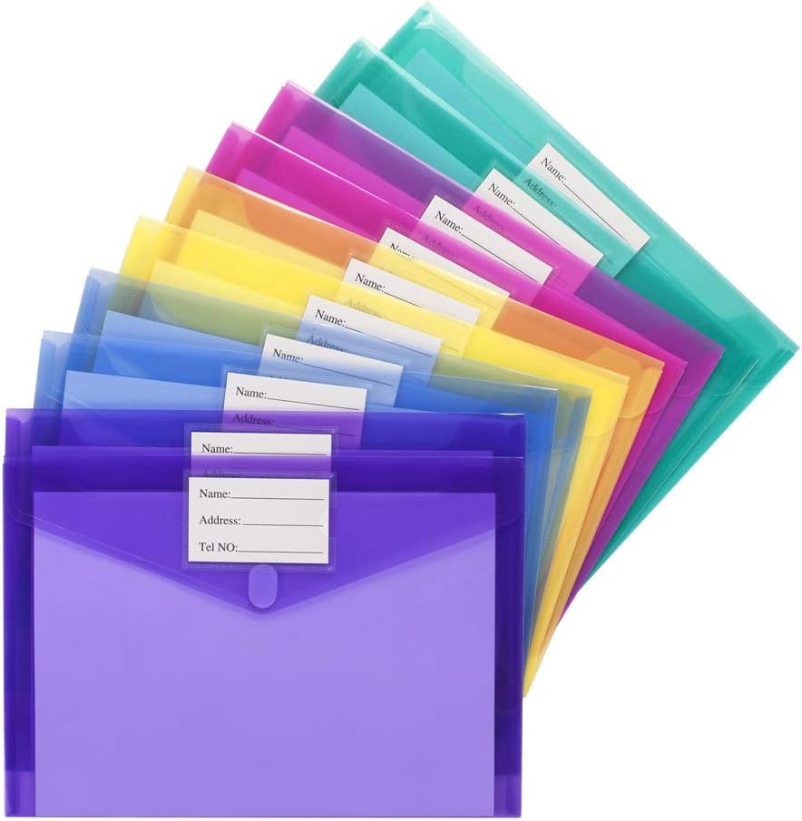 10 Pack File Folders, Clear Poly Envelopes Plastic Folders, Folder for Documents Letter A4 Size with Label Pocket, Teacher School Office Supplies Organization Storage, Assorted Color - view 2