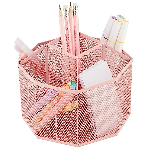 Mesh Desk Organizer Rotate with 5 Compartments Spinning Tidy Candy/Pen Holder Office, Art Supply, Storage, Classroom, Home (Light Pink) - view 3
