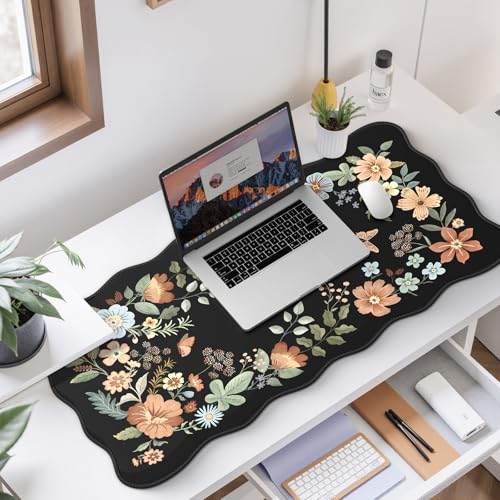 Scalloped Desk Mat for Keyboard, Floral Mouse Pad(Black) - view 6