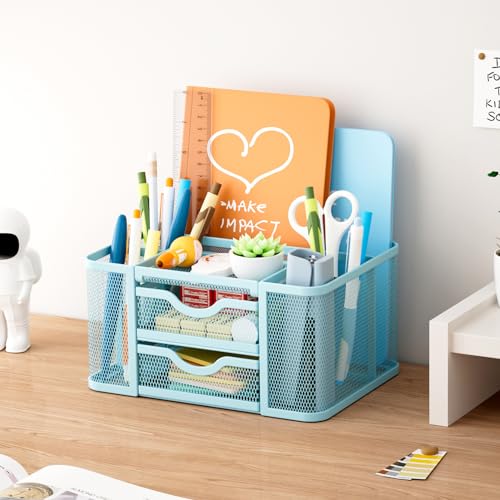 Mesh Desk Organizer, Pen Organizer with 2 Drawer, Multi-Functional Pencil Holder, Desk Organizers and Accessories with 5 Compartments + Drawer for Office Art Supplies (Blue) - view 5