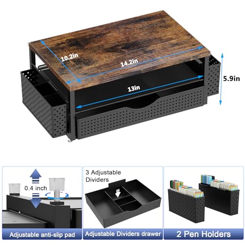 Computer Monitor Stand with Drawer and 2 Pen Holders, Wood - view 6