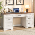 Farmhouse Executive Desk, Wood Home Office Desk with 2 Large File Drawers and 5 Storage Cabinets, Rustic Writing Desk for Work and Study, Brown
