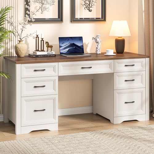 Farmhouse Executive Desk, Wood Home Office Desk with 2 Large File Drawers and 5 Storage Cabinets, Rustic Writing Desk for Work and Study, Brown
