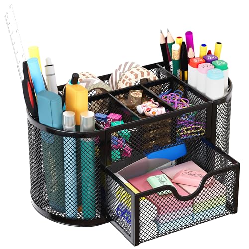 Mesh Pen Holder Desk Organizer with Drawer Stationery Supplies Organizer for Dorm School 9 Compartments Workspace Desk Accessories Organization for Office, Black