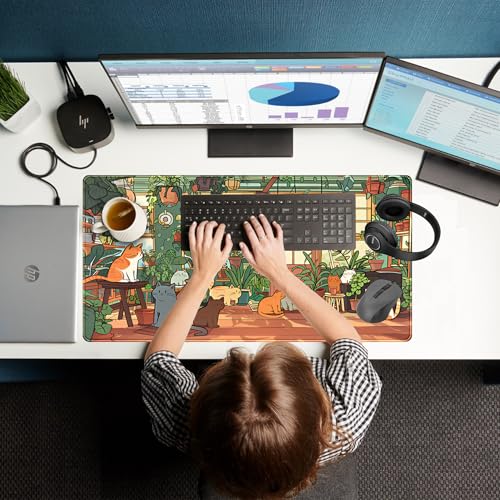 Large Desk Mouse Pad Cute Cats Desk Mat, Extended Gaming Mouse Mat, Office Home Keyboard Pad, Green Plant Computer Mats XXL, Cute Full Desktop Mat, Anime PC Accessories for Women 31.5" x 15.75" - view 7