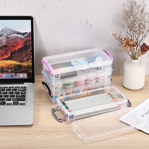 1 Pack Modern Plastic Pencil Box, Clear Marker Organizer, Stackable Storage Box for Painting Brushes Pencils, Crayon Case Pen Container with Snap-tight Lid for Drawing Tools Small Items (Black) - view 7