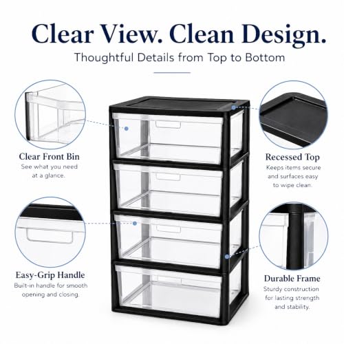 4-Drawer Plastic Storage Tower with Clear Bins and Carry Handles, Black - view 3