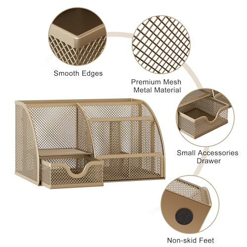 Mesh Desk Organizer with Drawer Multi-functional Pen Holder Stationery Organizer for Office School Supplies 6 Compartments Dorm Organizers and Storage for Desk, Gold - view 3