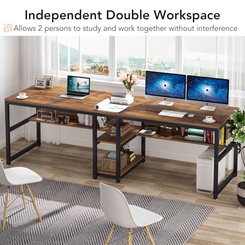 Two Person Desk with Bookshelf, 78.7 Computer Office Double Desk for Two Person, Rustic Writing Desk Workstation with Shelf for Home Office (Brown) - view 6