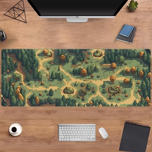 Retro Brown Green Desk Mat XL Large Gaming Green Forest Pixel Mouse Pad Non-Slip Rubber Base Mousepad, Keyboard Mouse Mat, Laptop Computer Mat with Stitched Edges, Office Work Mat 31.5x11.8 in - view 4