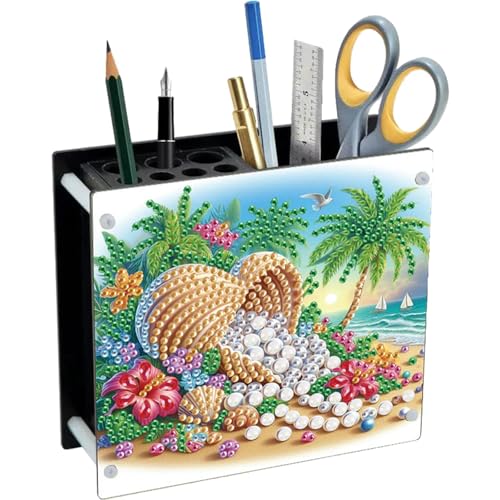 DIY Diamond Art Painting Pen Holder,Seaside DIY Acrylic Special Shaped Pen Organizer, Daily Office Desktop Decoration Storage Item