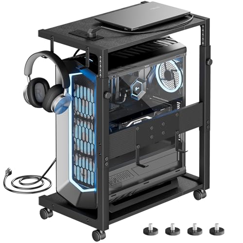 Computer Tower Stand with Power Outlet - 10-Level Height Adjustable