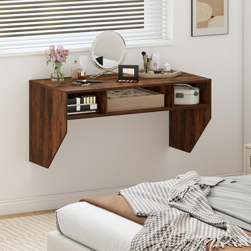 Wall-Mounted Computer Desk, Floating Laptop Desk with 3 Storage Compartments, Space-Saving Home Office Workstation Vanity Table for Bedroom, Study, Living Room (Rustic Brown) - view 7