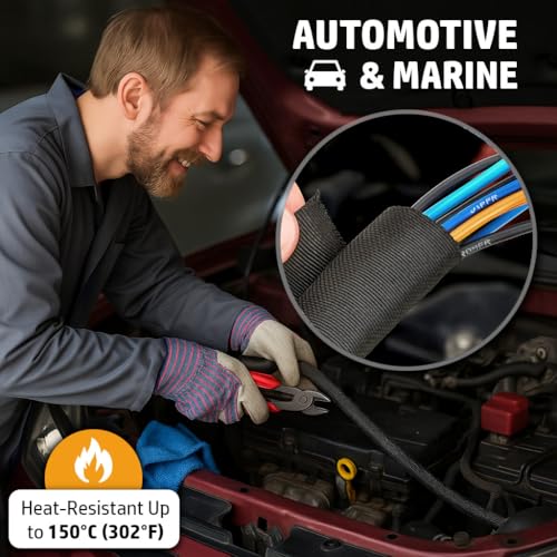 Woven Mesh Split-Sleeve Wire Loom for High-Temperature Automotive Harness and Home Cable Management - 25 feet (1/8") - view 4