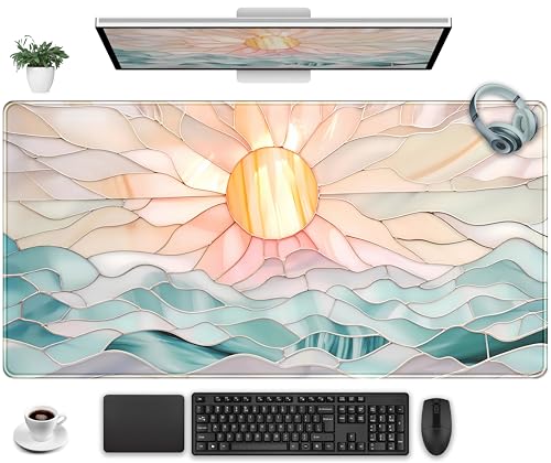Desk Mat Gaming Desk Pad Large Mouse and Keyboard Pad, Abstract Serene Ocean Sunrise Mouse Mat XXL, Pastel Desk Protector Mat Computer Mats for Desktop Sun & Waves Office Decor 31.5" x 15.7"