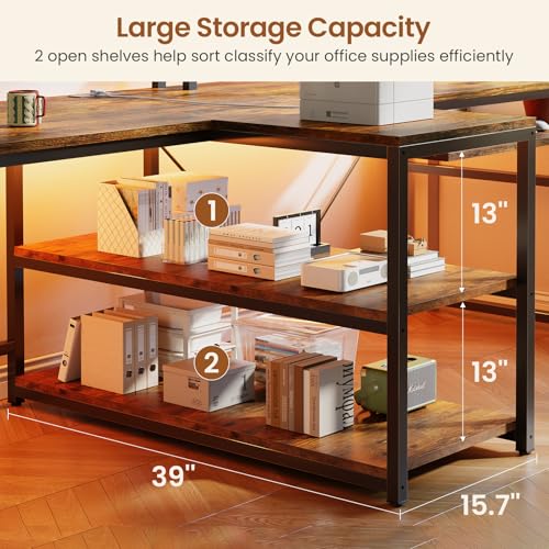 94.5" 2 Person Gaming Desk with Storage Shelf,LED Light,Rustic Brown - view 5