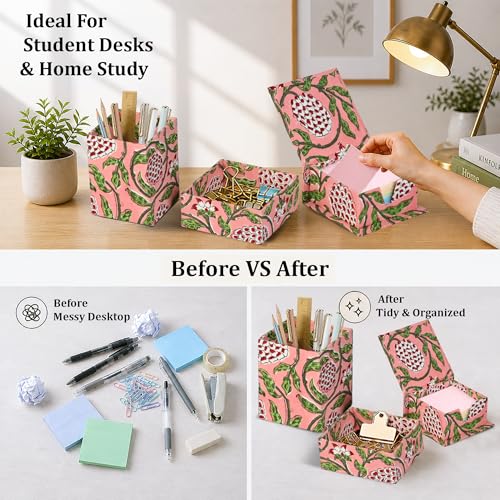 Strawberry Pink Block Print Desk Organizer Pen & Notepad Holder Set-3 - view 2