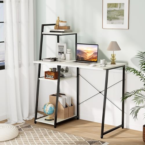 Computer Desk with Shelves, Space Saving Home Office Desk with 3-Tier Ladder Shaped Storage Bookshelf, Modern Writing Study Desk with Metal Frame, Compact Computer Workstation (White) - view 2