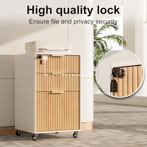 3 Drawers Fluted Mobile File Cabinet with Lock, Rolling File Cabinet Printer Stand Table, Under Desk Wooden Filing Cabinets for Home Office Essentials Storage Organization Furniture Letters/A4(Oak) - view 6