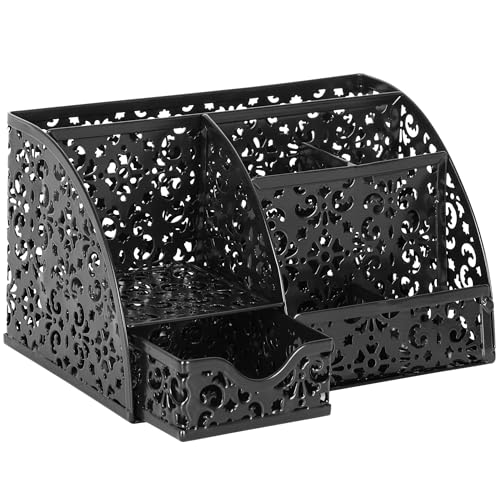 Desk Organizer and Pen Holder for Desk, Mesh Office Supplies Storage Caddy with Drawer for Small Space, Desktop Organizer for Home Office, Black - view 2