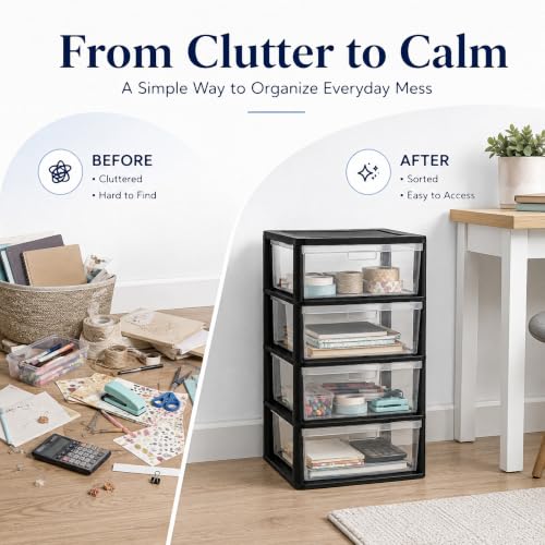 4-Drawer Plastic Storage Tower with Clear Bins and Carry Handles, Black - view 6