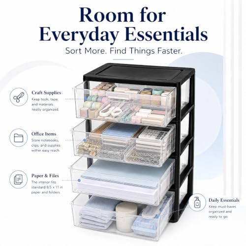4-Drawer Plastic Storage Tower with Clear Bins and Carry Handles, Black - view 4