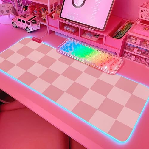 Pink RGB Gaming Mouse Pad 31.5x12 Inch PC XL Large Extended Glowing Led Light Up Desk Pad Non-Slip Rubber Base Computer Cute Mousepad Mat Desk Accessories Gaming Setup Pink Checkered