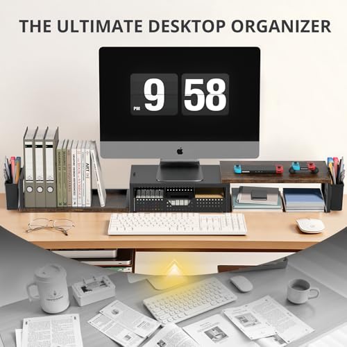 Desk Organizers and Accessories, Dual Monitor Stand Riser with Drawer and 2 Pen Holders, Desk Shelf Computer Racks & Printer Stand for Office Workspace Organizers, Desktop Organization (Rustic Brown) - view 5