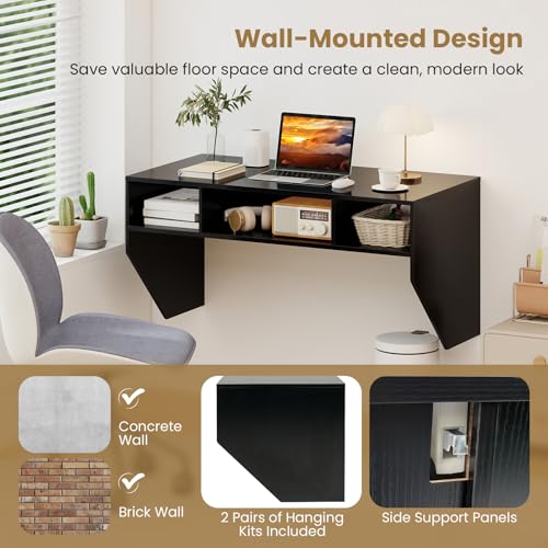 Wall-Mounted Computer Desk, Floating Laptop Desk with 3 Storage Compartments, Space-Saving Home Office Workstation Vanity Table for Bedroom, Study, Living Room (Black) - view 6