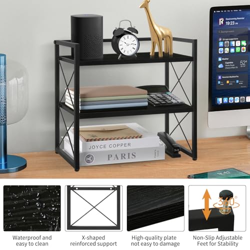Desktop Shelf Organizer, 2 Tier Office Shelves, Wood Desk Organizer Storage Rack and Freestanding Display Shelf for Office, Dormitory, Home(Black) - view 4