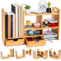 Bamboo Desktop Bookshelf, Expandable Counter Bookcase, Storage Shelves Rack Organizer with Anti-Slip Pads, Cute Small Desk Display Cubby Top for Office Supplies, No Assembly Needed