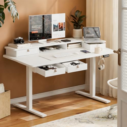 Electric Standing Desk with Four Drawers, Sit to Stand Up Height Adjustable Desk with Storage Shelf for Home Office, 47 * 28 Inch, Study, Ergonomic Adjustable Computer Desk, White - view 2