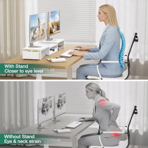 Desk Organizer and Accessories, Computer Monitor Stand Riser with Drawer and 2 Pen Holders, Laptop Stand, Office Desk Accessories for Office Supplies, White - view 4