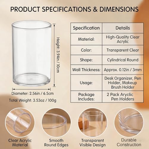 2Pcs 10x6.5cm Clear Acrylic Pen Holder, Round Cylinder Desktop Organizer, Multipurpose Storage Cup for Makeup Brushes, Stationery and Daily Small Items, for Home, School and Office Use - view 2