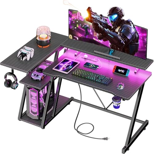 40 Inch Gaming Desk with Power Outlet, LED, Carbon Fiber Black