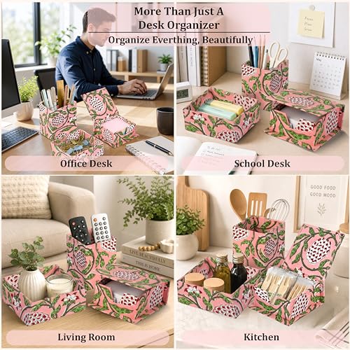Strawberry Pink Block Print Desk Organizer Pen & Notepad Holder Set-3 - view 4