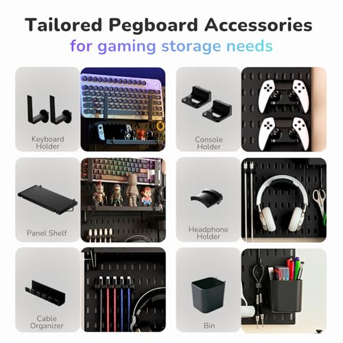Peg Board Wall Organizer for Gaming Setup, Pegboard with Adhesives & Screw Mounts, Includes Peg Board Accessories for Gaming Accessories, Tech Storage & Office Organization (Black, 22″×22″) - view 5