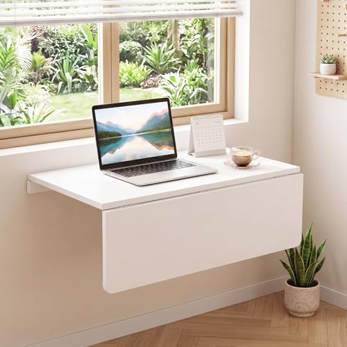 Wall-Mounted Folding Desk, Wooden Floating Laptop Table with Drop Leaf Design, Space-Saving Foldable Wall Desk for Study, Bedroom, Living Room, Laundry (White) - view 4